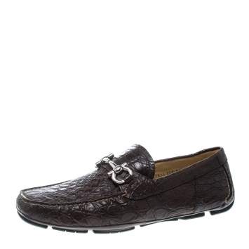 Pre Owned Salvatore Ferragamo Brown Crocodile Leather Parigi Bit Loafers Size 44