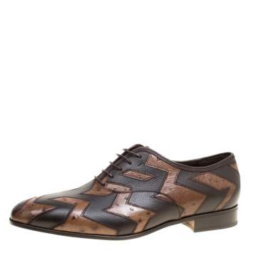 Pre Owned Salvatore Ferragamo Two Tone Brown Ostrich and Calf Leather Gris Oxfords Size 43.5