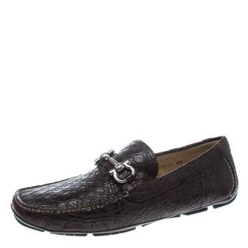 Pre Owned Salvatore Ferragamo Brown Crocodile Leather Parigi Bit Loafers Size 44.5