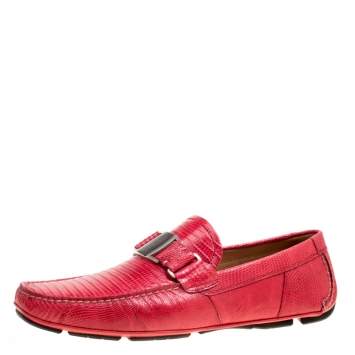 Pre Owned Salvatore Ferragamo Coral Red Lizard Sardegna Loafers Size 43