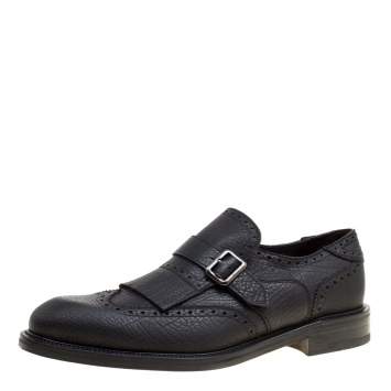 Pre Owned Salvatore Ferragamo Black Brogue Leather Genesis Fringe Detail Wingtip Oxford Size 43.5