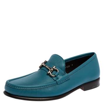Pre Owned Salvatore Ferragamo Blue Leather Gancini Bit Loafers Size 43
