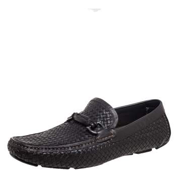 Pre Owned Salvatore Ferragamo Dark Brown Woven Leather Parigi Gancio Bit Loafers Size 45