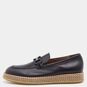 Pre Owned Salvatore Ferragamo Black Leather Gancini Espadrille Slip On Loafers Size 44