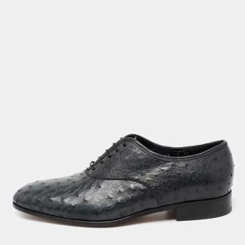 Pre Owned Salvatore Ferragamo Dark Teal Ostrich Leather Gris Oxfords Size 41