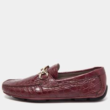 Pre Owned Salvatore Ferragamo Burgundy Alligator Leather Parigi Slip On Loafers Size 42.5