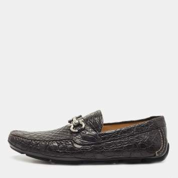 Pre Owned Salvatore Ferragamo Black Croc Leather Parigi Horsebit Slip On Loafers Size 44.5