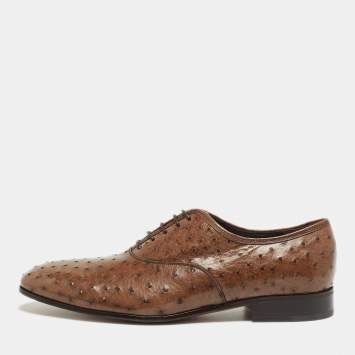 Pre Owned Salvatore Ferragamo Brown Ostrich Gris Oxfords Size 44.5