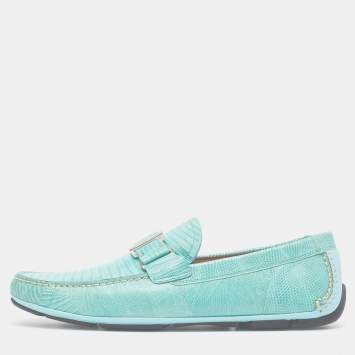 Pre Owned Salvatore Ferragamo Aqua Green Lizard Sardegna Loafers Size 43