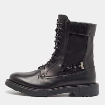 Pre Owned Salvatore Ferragamo Black Leather and Fabric Ankle Boots Size 40