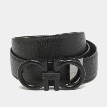 Pre Owned Salvatore Ferragamo Black/Dark Brown Leather Gancini Reversible Cut to Size Belt 