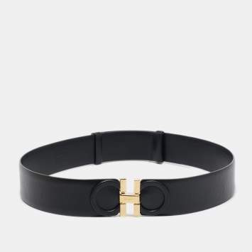 Pre Owned Salvatore Ferragamo Black Leather Gancini Buckle Belt 70CM