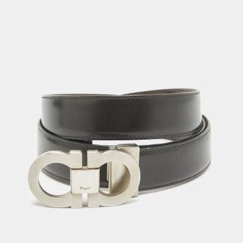Pre Owned Salvatore Ferragamo Black/Brown Leather Gancini Buckle Reversible Cut to Size Belt