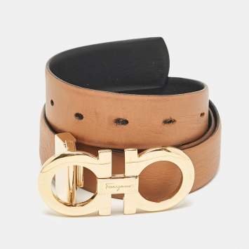 Pre Owned Salvatore Ferragamo Black/Brown Leather Double Gancio Cut to Size Reversible Belt