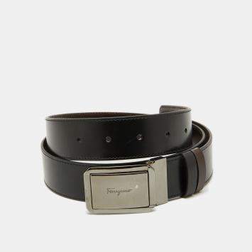 Pre Owned Salvatore Ferragamo Black/Dark Brown Leather Cut to Size Buckle Belt