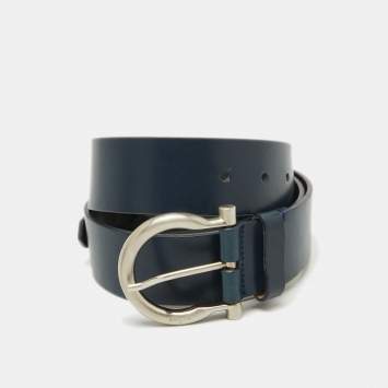 Pre Owned Salvatore Ferragamo Dark Blue Leather Gancio Buckle Belt 85CM