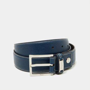 Pre Owned Salvatore Ferragamo Dark Blue Leather Buckle Belt 90CM