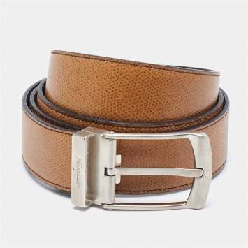 Pre Owned Salvatore Ferragamo Tan/Black Leather Cut to Size Reversible Buckle Belt