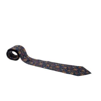Pre Owned Salvatore Ferragamo Navy Blue Pineapple and Flower Pot Print Silk Tie