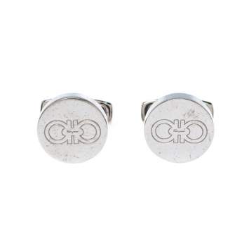 Pre Owned Salvatore Ferragamo Logo Silver Tone Round Cufflinks