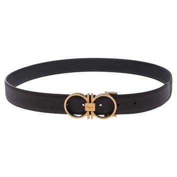 Pre Owned Salvatore Ferragamo Dark Brown Grained Leather Double Gancio Buckle Belt 110CM