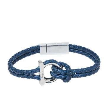 Pre Owned Salvatore Ferragamo Braided Leather Gancini Silver Tone Double Strand Bracelet