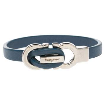 Pre Owned Salvatore Ferragamo Blue Leather Gancini Clasp Bracelet