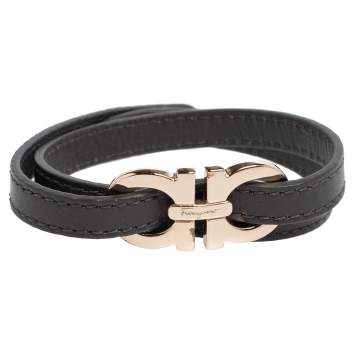 Pre Owned Salvatore Ferragamo Dark Grey Leather Gancini Double Wrap Bracelet