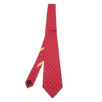 Pre Owned Salvatore Ferragamo Red Monkey Print Silk Tie