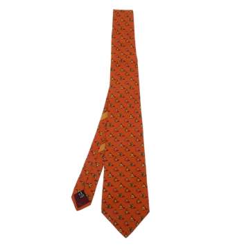 Pre Owned Salvatore Ferragamo Orange Hand Clock Print Silk Tie