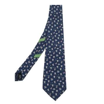 Pre Owned Salvatore Ferragamo Navy Blue Elephant Print Silk Tie