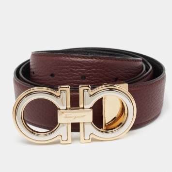 Pre Owned Salvatore Ferragamo Burgundy/Black Leather Gancini Buckle Cut to Size Belt