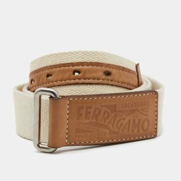 Pre Owned Salvatore Ferragamo Beige/Tan Canvas and Leather Belt 100CM