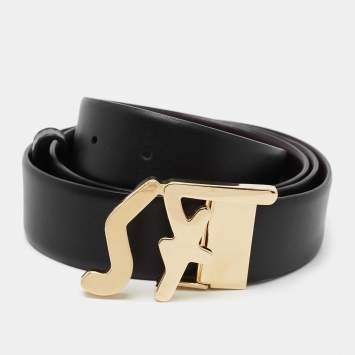 Pre Owned Salvatore Ferragamo Black/Brown Leather SF Logo Cut to Size Reversible Belt