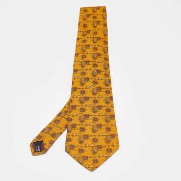 Salvatore Ferragamo Mustard Yellow Animal Print Silk Tie