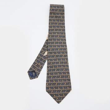 Pre Owned Salvatore Ferragamo Navy Blue Chess Print Silk Tie