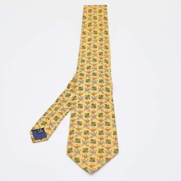 Pre Owned Salvatore Ferragamo Yellow Horse Printed Silk Tie
