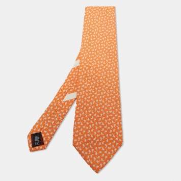 Pre Owned Salvatore Ferragamo Orange Printed Silk Traditional Tie