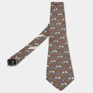 Pre Owned Salvatore Ferragamo Grey Elephant Print Silk Tie 