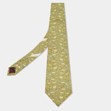 Pre Owned Salvatore Ferragamo Green Animal Printed Silk Tie