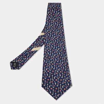 Pre Owned Salvatore Ferragamo Navy Blue Giraffe Print Silk Traditional Tie