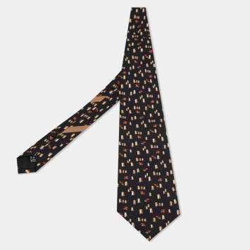 Pre Owned Salvatore Ferragamo Black Printed Silk Classic Tie 