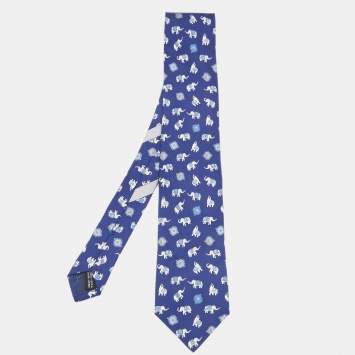 Pre Owned Salvatore Ferragamo Blue Elephant Print Silk Tie