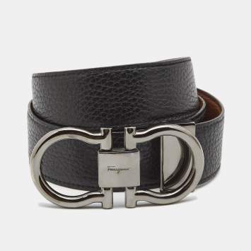 Pre Owned Salvatore Ferragamo Black/Brown Leather Gancini Buckle Reversible Belt 