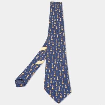 Pre Owned Salvatore Ferragamo Navy Blue Golf & Tennis Print Silk Tie