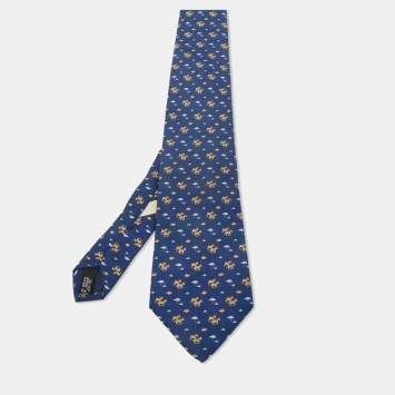 Pre Owned Salvatore Ferragamo Navy Blue Zebra Print Silk Tie