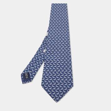 Pre Owned Salvatore Ferragamo Navy Blue Bird Print Silk Traditional Tie