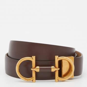 Pre Owned Salvatore Ferragamo Brown Leather Double Gancini Parigi Buckle Belt 100CM