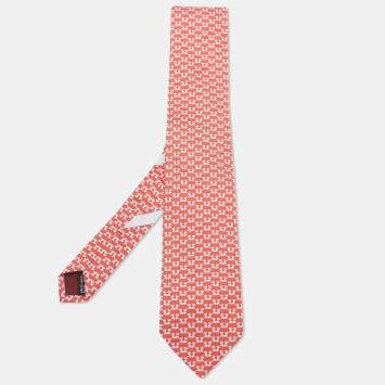 Pre Owned Salvatore Ferragamo Red Puppy Print Silk Tie
