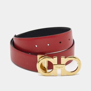 Pre Owned Salvatore Ferragamo Red/Black Leather Gancini Reversible Belt 